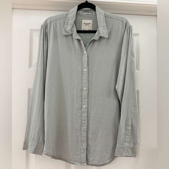 NWT Abercrombie & Fitch Boyfriend Linen Button Down Shirt Sage Green sz Medium - Picture 1 of 6